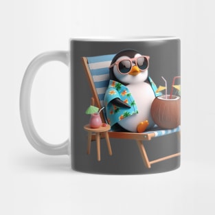 A penguin wearing a Hawaiian shirt and sunglasses, lounging on a beach chair with a coconut drink Mug